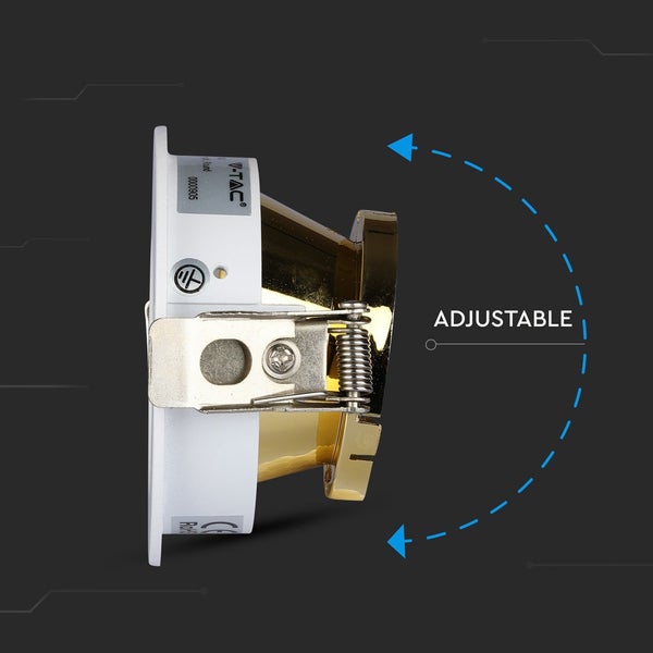 Schwenkbarer LED-Einbaustrahler von V-TAC mit goldfarbenem Gehäuse, weißem Rand und seitlichen Montagefedern.