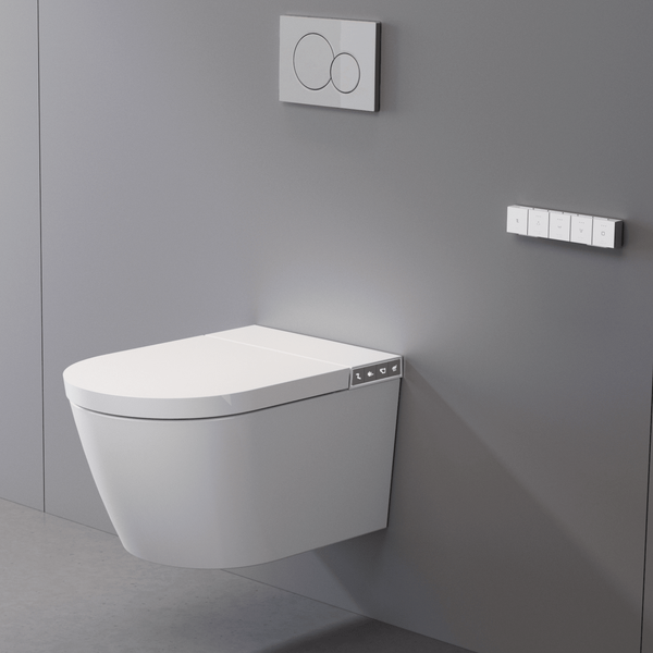 Wandhängendes Dusch-WC mit Fernbedienung und Betätigungsplatte in modernem Bad, minimalistisches Design mit integrierter Steuerung an der Seite.