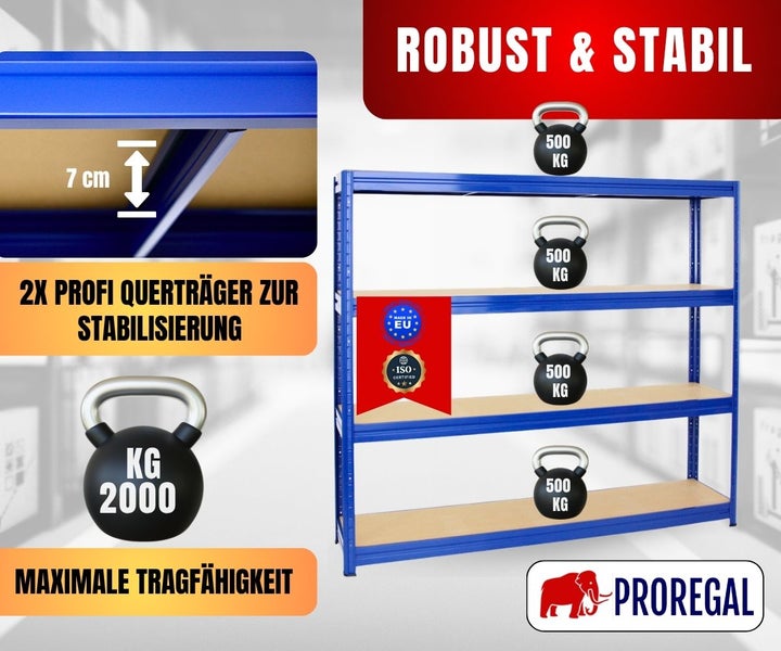 Schwerlastregal aus Metall, vier Böden, 7 Zentimeter hohe Querträger, Traglast 500 Kilogramm pro Boden, 2000 Kilogramm gesamt. Proregal Logo.