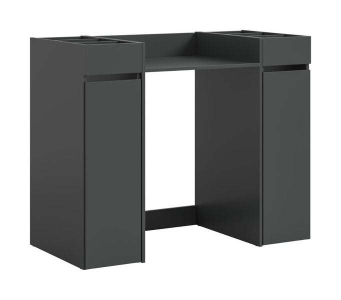 Moderner Schminktisch in schlichtem Design mit zwei Seitenschränken und Ablagefläche für Kosmetikbedarf.