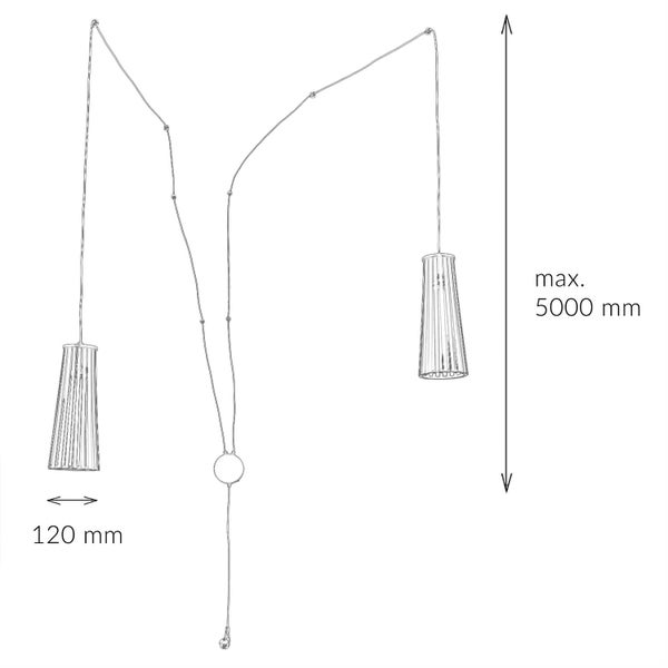 Technische Zeichnung einer Pendelleuchte mit zwei Schirmen, maximal 5000 Millimeter lang und 120 Millimeter breit.