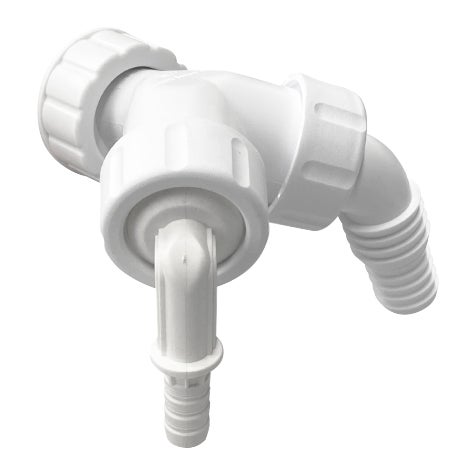 Doppel-Schlauchanschluss für Ablaufschläuche aus weißem Kunststoff mit zwei Schlauchtüllen.