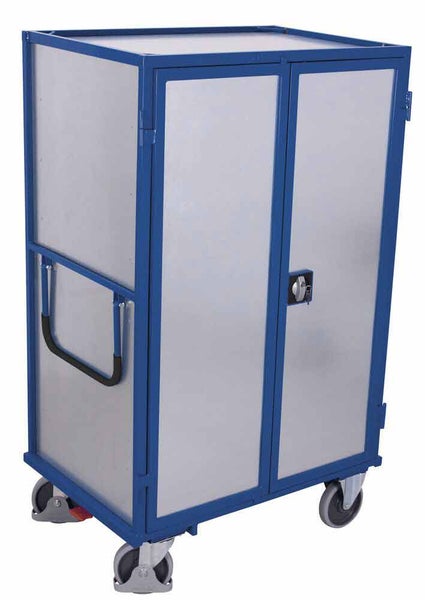 Abschließbarer Schrankwagen aus Metall mit blauem Rahmen, zwei Türen, Schiebegriff und vier Lenkrollen.