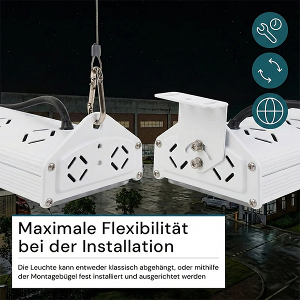 LED-Hallenleuchte mit flexibler Montage: abgehängt mit Seil und Karabiner oder fest installiert mit Montagebügel.