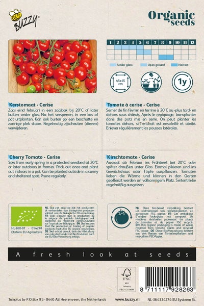 Bio-Saatgutpackung Kirschtomate Cerise mit Anbauhinweisen und Informationen zur Erntezeit