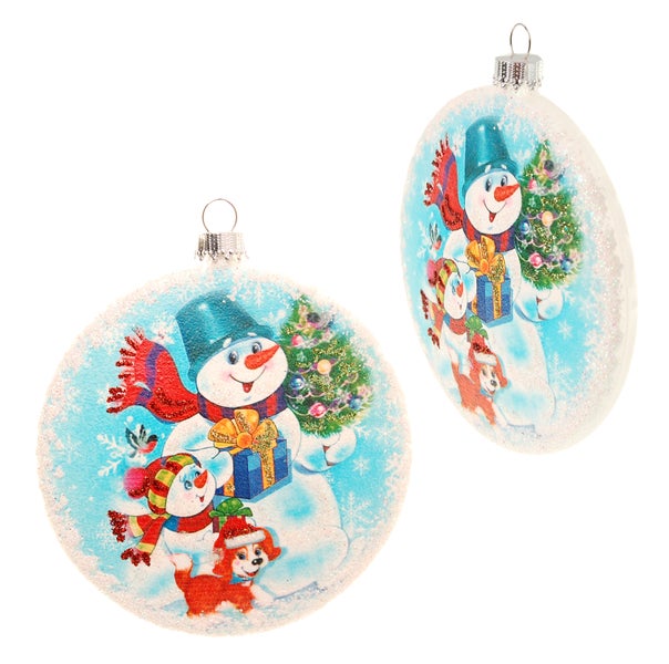 Multicolor 9cm Taler aus Glas, bedruckt und dekoriert mit Schneeman-Duo, mundgeblasen und handdekoriert, 1 Stck., Weihnachtsbaumkugeln, Christbaumschmuck, Weihnachtsbaumanhänger