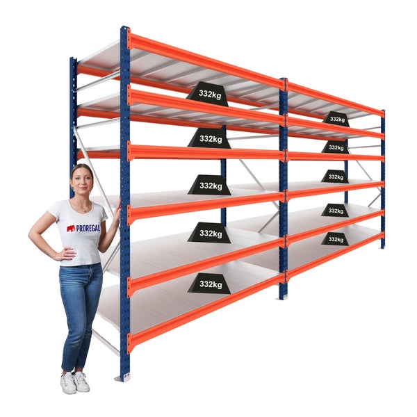 Schwerlastregal aus Metall, 5 Böden, blau-orange, Belastbarkeit 332 Kilogramm pro Boden, mit Person zum Größenvergleich.
