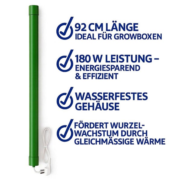 Heizstab mit Produktinformationen: 92 Zentimeter Länge, 180 Watt Leistung, wasserfestes Gehäuse, fördert Wurzelwachstum