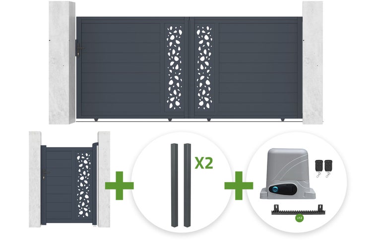 Schiebetor-Set in Anthrazit mit Kiesel-Design, inklusive Gehtür, zwei Pfosten und elektrischem Antrieb mit Fernbedienungen.
