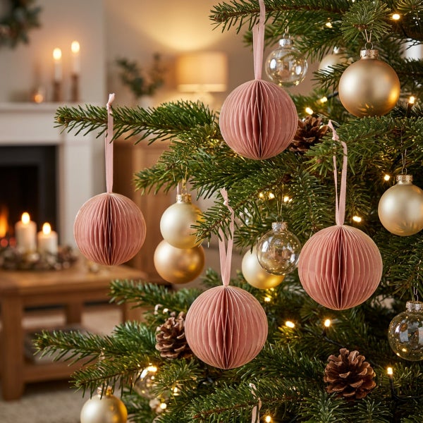 Weihnachtsbaum mit Wabenkugeln aus Papier, Glaskugeln und Tannenzapfen in einem gemütlichen Wohnzimmer mit Kamin im Hintergrund.
