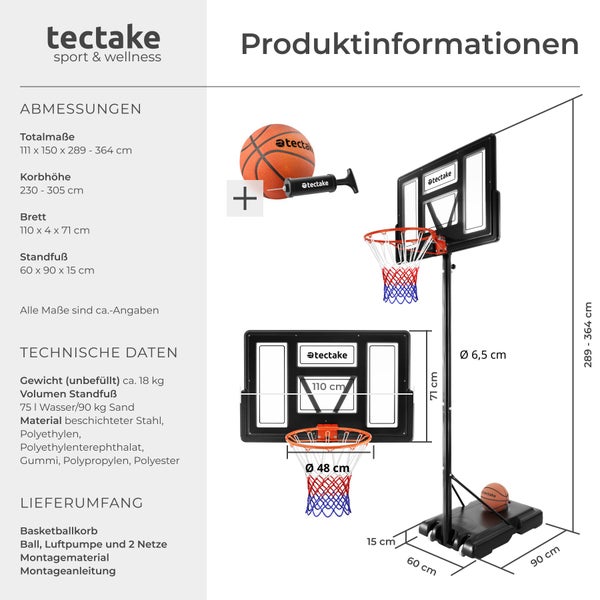 Produktdatenblatt für tectake Basketballständer mit Höhenverstellung, Maßen, Materialangaben und Lieferumfang inklusive Ball und Pumpe.