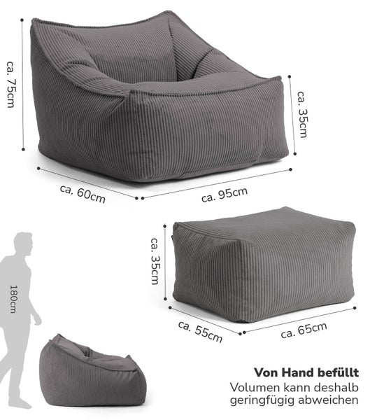 mokebo Sitzsack Sessel mit Hocker aus Cord 'Der Lümmel', XXL Sitzsack, Cord Sessel oder Sitz Sessel in Anthrazit