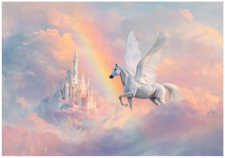Fototapete mit fliegendem Einhorn mit Flügeln vor einem Märchenschloss und Regenbogen in den Wolken.