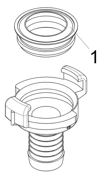 Technische Zeichnung einer Schlauchkupplung mit einem Dichtungsring, markiert mit der Nummer eins.