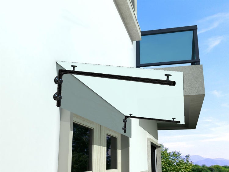 BuyLando (L) 180x90 cm Milchglas Glasvordach inkl. Edelstahlhalter in Schwarz