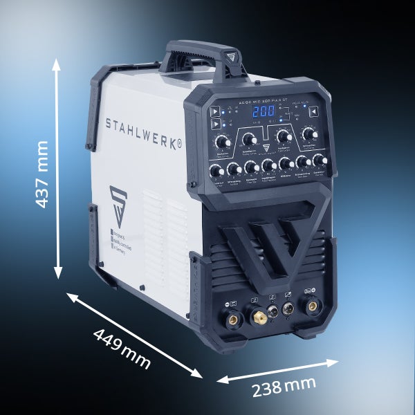 Schweissgerät mit den Massen 437 mm Höhe, 449 mm Breite und 238 mm Tiefe.