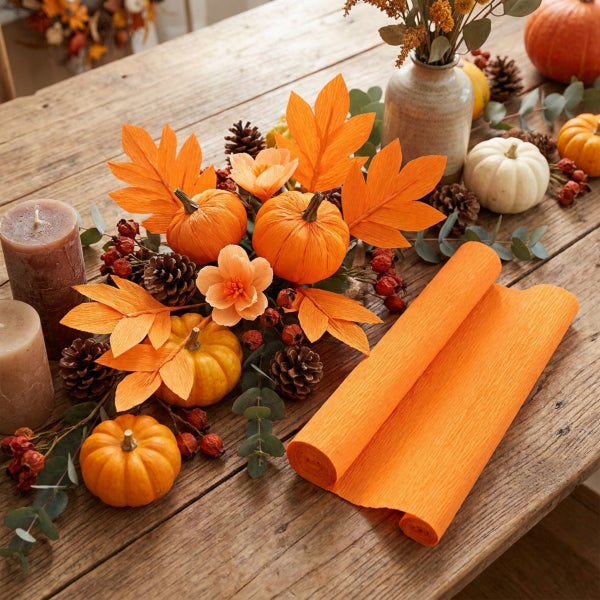 Herbstliche Tischdekoration mit kleinen Kürbissen, Tannenzapfen, einer Kerze und einer Rolle orangefarbenem Krepppapier auf einem Holztisch.