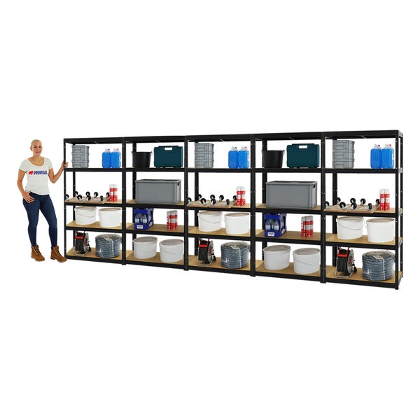 PROREGAL Mega Deal 5x Schwerlastregal Slim Elephant S HxBxT 180 x 90 x 45 cm 5 Ebenen Fachlast 350 kg Schwarz