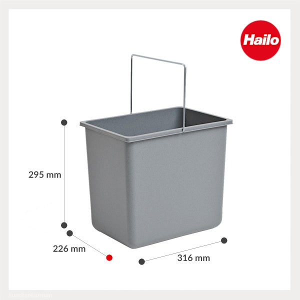 Hailo Abfalleimer Inneneimer aus Kunststoff mit Metallbügel. Breite 316 Millimeter, Höhe 295 Millimeter, Tiefe 226 Millimeter. Hailo Logo.