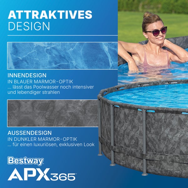 Bestway APX365 Pool mit Innen- und Außendesign in Marmoroptik, Frau im Pool
