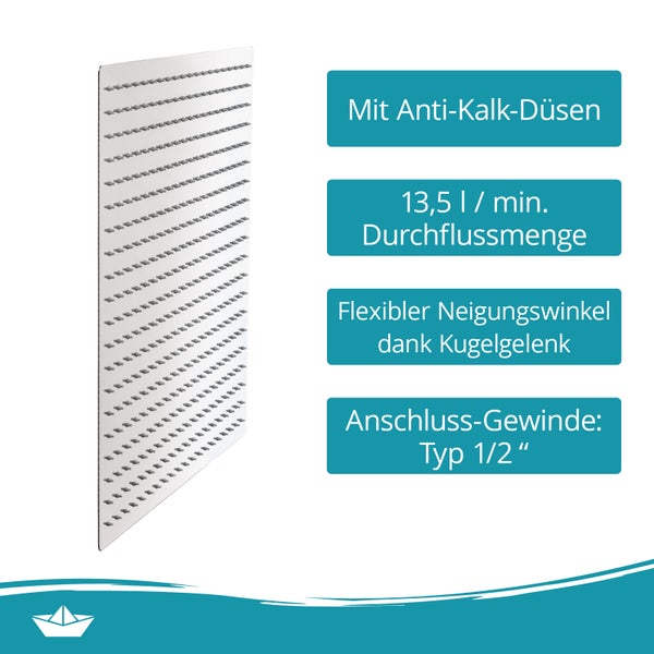 Calmwaters® Kopfbrause Chrom, eckig, 50 x 50 cm Sprayplatte, mit Kugelgelenk, Antikalk-Noppen, Standard-Gewinde: 1/2, Wellness-Regendusche, 18DP6193