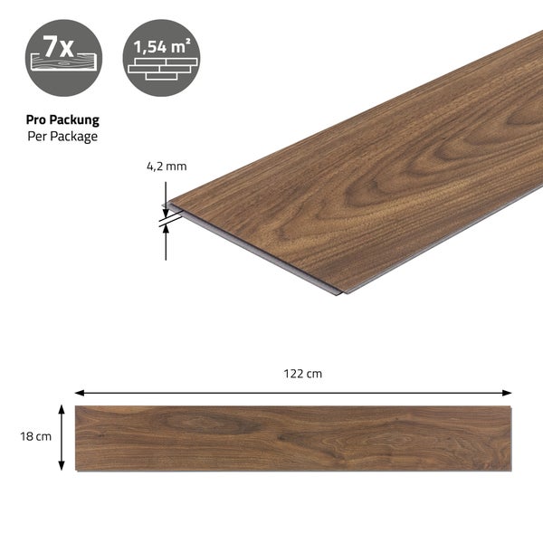 ML-Design Deluxe PVC Bodenbelag, Click Vinyl-Dielen, Vinylboden, 122 cm x 18 cm x 4,2 mm, Dicke 4,2 mm, 1,54m²/7 Dielen, Outtrigger Eiche, Braun, Holzoptik, rutschfest, wasserfest, Belastungsklasse 34