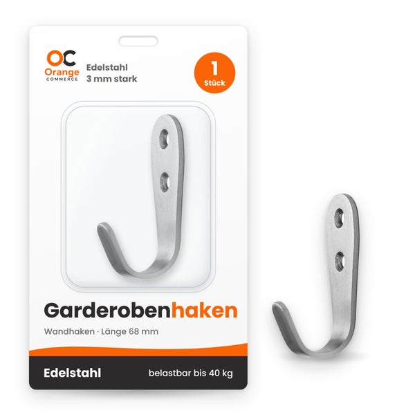 Orange Commerce Garderobenhaken aus Edelstahl, 68 Millimeter lang, belastbar bis 40 Kilogramm, ein Stück in der Verpackung