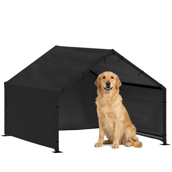 Schwarze Hundehütte und Sonnenschutz für den Außenbereich mit einem sitzenden Golden Retriever.