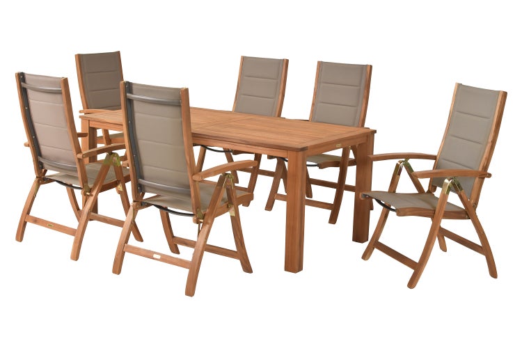 Gartentisch mit sechs Gartenstühlen aus Holz und Textil