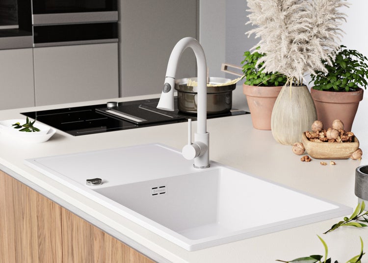 PRIMAGRAN Spülbecken Weiß 90x50cm, Granitspüle 1 Becken + Ablauf-Set, Küchenspüle ab 60er Unterschrank - Ibiza
