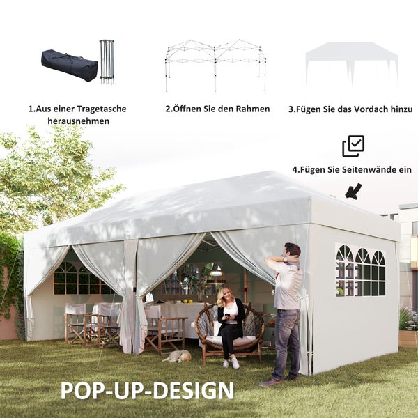 Pop-up-Partyzelt mit Anleitung in vier Schritten: Auspacken, Rahmen öffnen, Dach aufsetzen und Seitenwände anbringen. Gezeigt in einer Gartenszene.
