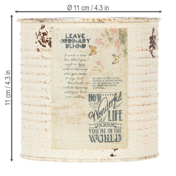 Dekorativer Blechtopf im Vintage-Stil mit Aufdruck, 11 Zentimeter Durchmesser und 11 Zentimeter Höhe.