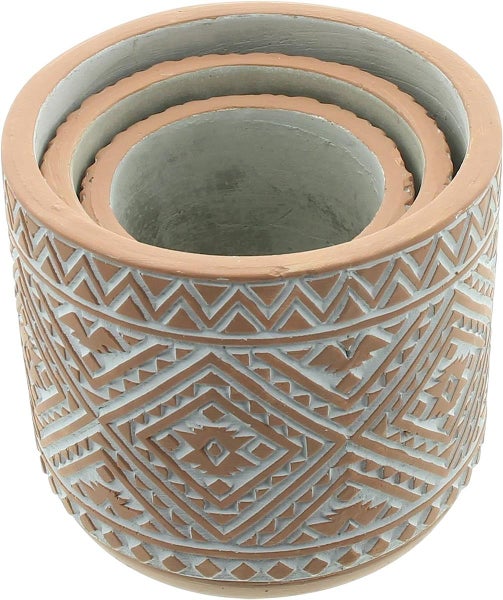 Dekoleidenschaft 3x Blumentopf Terra aus Zement in Terracotta Optik / weiß, Übertopf Set, Pflanztopf, Pflanzgefäß