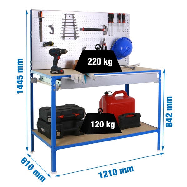 Werkbank BUFALLO LIGHT mit Lochwand & 2 Ebenen | HxBxT 144,5x120x60cm | Traglast 220kg | Blau/Verzinkt