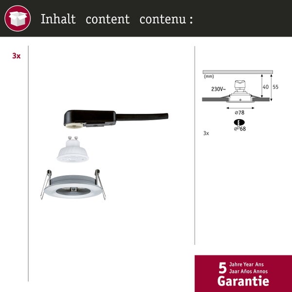Inhalt von 3 Einbaustrahlern mit GU10 Leuchtmittel, Fassung und Einbauring sowie Maßskizze zur Einbautiefe und Symbol für 5 Jahre Garantie.