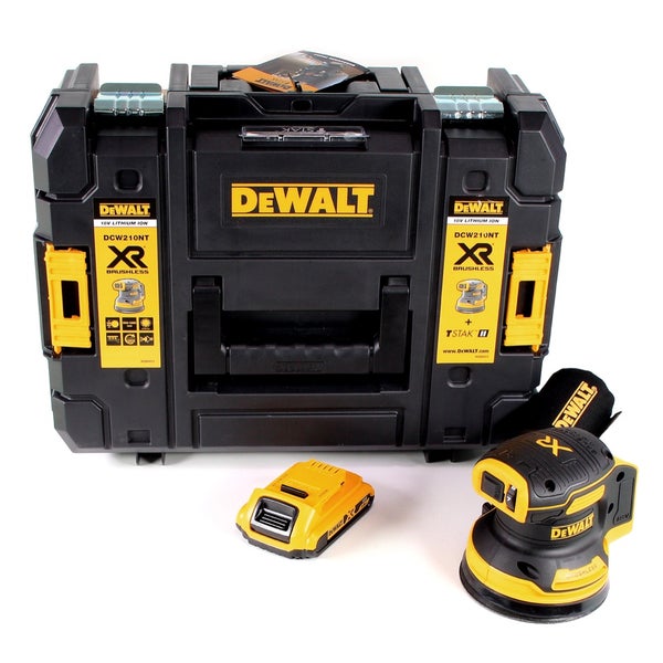 DeWALT Akku-Exzenterschleifer DCW210NT mit 18 Volt XR bürstenlosem Motor, Akku und TSTAK II Transportkoffer.
