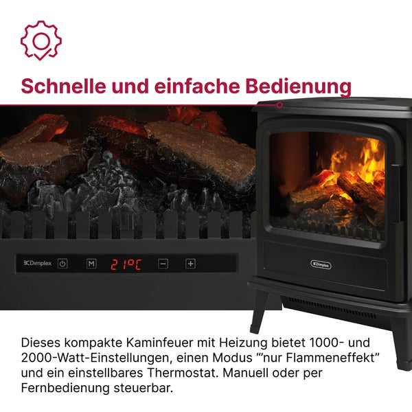 Elektrischer Kaminofen mit Digitalanzeige von 21 Grad Celsius, Heizstufen von 1000 und 2000 Watt, Thermostat und Flammeneffekt.