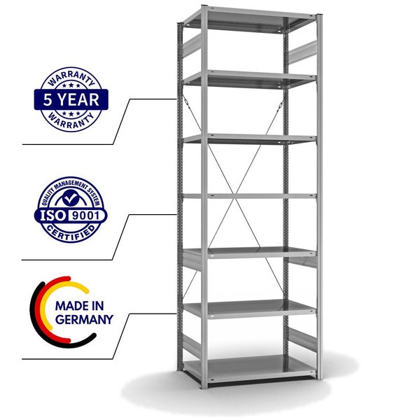 PROREGAL Fachbodenregal Stecksystem T-Profil Light-Duty Grundregal HxBxT 300 x 100 x 60 cm 7 Ebenen Fachlast 140 kg Einseitig Nutzbar Verzinkt