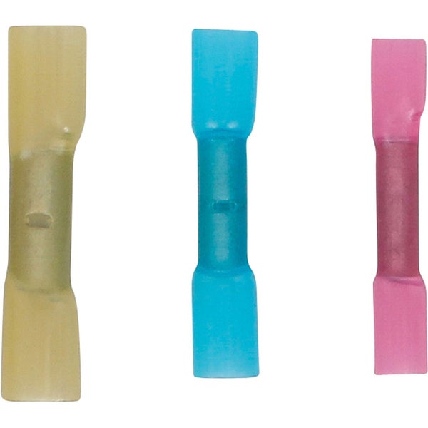 Stoßverbinder mit Schrumpfschlauch-Isolierung in verschiedenen Größen und Farben für isolierte Kabelverbindungen.