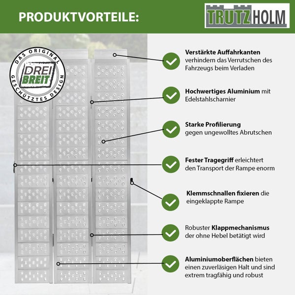 Trutzholm Logo. Vorteile der Trutzholm Auffahrrampe aus Aluminium mit verstärkten Auffahrkanten, Edelstahl Scharnier, starker Profilierung und robustem Klappmechanismus