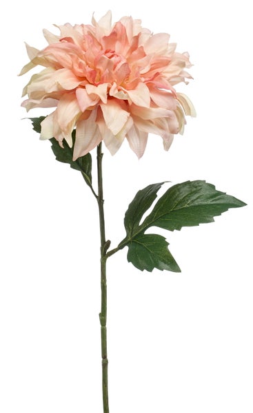 Künstliche Dahlie am Stiel mit cremefarbenen und rosa Blütenblättern sowie grünen Blättern.