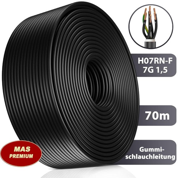 MAS PREMIUM Gummischlauchleitung H07RN-F 7G 1,5, Länge 70 Meter, schwarz.