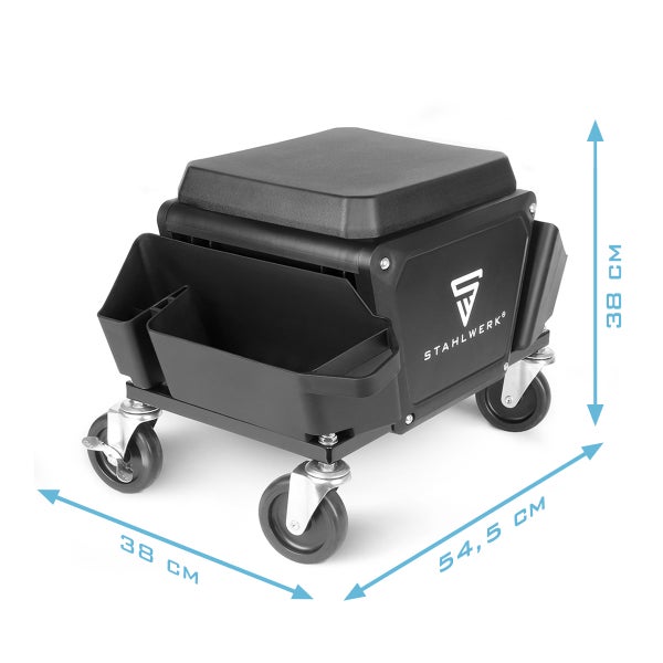 Werkstatthocker mit Rollen, Ablagefächern und den Maßen 38 x 38 x 54,5 cm.