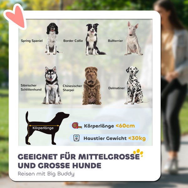 Geeignet für mittelgrosse und grosse Hunde: Spring Spaniel, Border Collie, Bullterrier, Sibirischer Schlittenhund, Chinesischer Sharpei, Dalmatiner, Körperlänge unter 60 cm, Haustier Gewicht unter 30 kg.