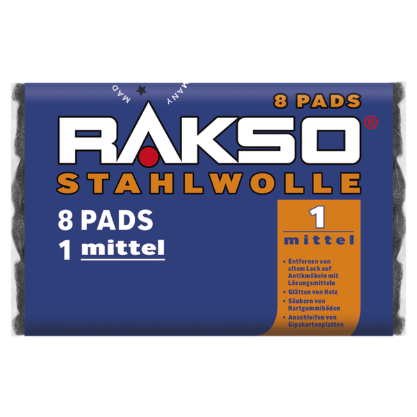 Rakso Stahlwolle 8 Pads, Stärke 1 mittel, zum Reinigen, Glätten und Anschleifen.