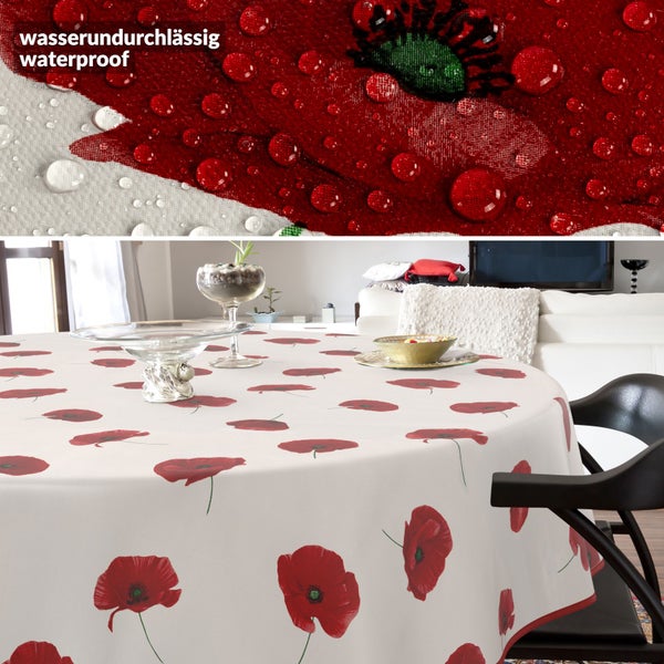 Wasserundurchlässige Tischdecke mit Mohnblumenmuster auf einem Tisch