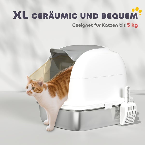 Geschlossene Katzentoilette mit XL-Haube, Edelstahlwanne und Streuschaufel. Geeignet für Katzen bis 5 kg.