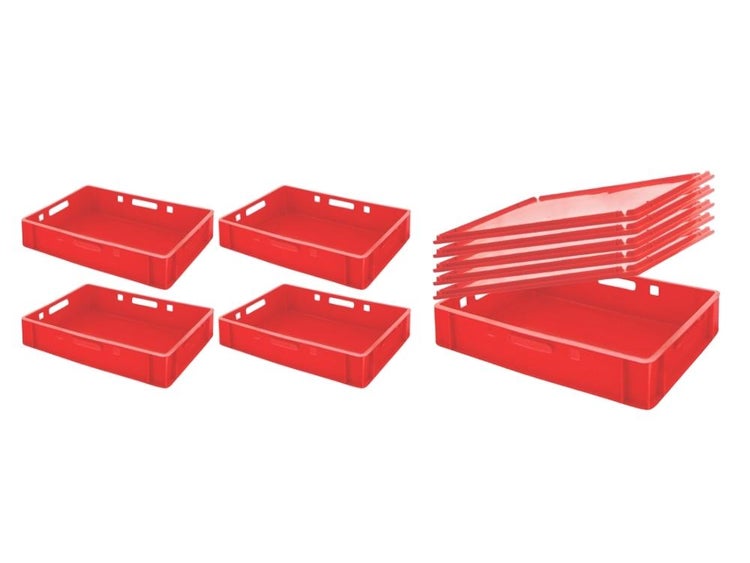 PROREGAL SparSet 5 x Eurobehälter Fleischerkasten E1 Mit Auflagedeckel HxBxT 12,5 x 40 x 60 cm 25 Liter Rot Fleischerkiste Fleischkiste