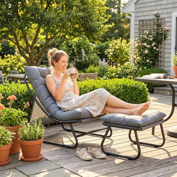 Eine Frau entspannt in einem gepolsterten grauen Gartenstuhl mit Hocker auf einer Holzterrasse in einem hellen, sonnigen Garten.