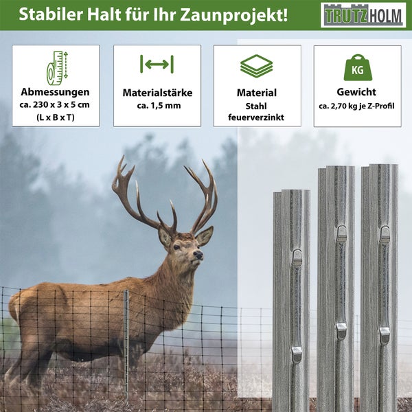Trutzholm Z-Profil Zaunpfosten aus feuerverzinktem Stahl, 230 Zentimeter lang, für Wildzaun und Knotengeflecht mit Montagehaken.